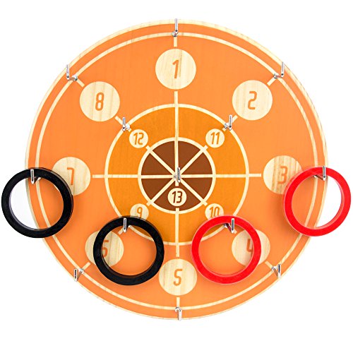 Product Cover Hookey Ring Toss Game - Wooden Dart Board Wall Game with Silicone Rings & Metal Hooks - Swing & Hook/Tiki Toss - Classic Indoor Play/Outdoor Fun Basement, Patio, Man Cave, Bar, Carnival & Family Game