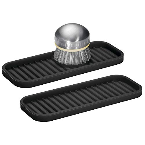 Product Cover mDesign Silicone Kitchen Sink Storage Organizer Holder Tray for Sponges, Soaps, Scrubbers - Ribbed Base, Quick Drying, Waterproof, Non-Slip Durable - 2 Pack - Black