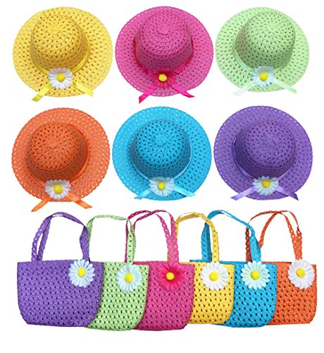 Product Cover Girls Tea Party Hats and Purse for Kids Child Babe Little Playtime Birthdays Easter Party Supplies Accessories, Includes 6 Purses and 6 Daisy Flower Sunhats（Blue, Rose, Red, Yellow, Purple, Pink）