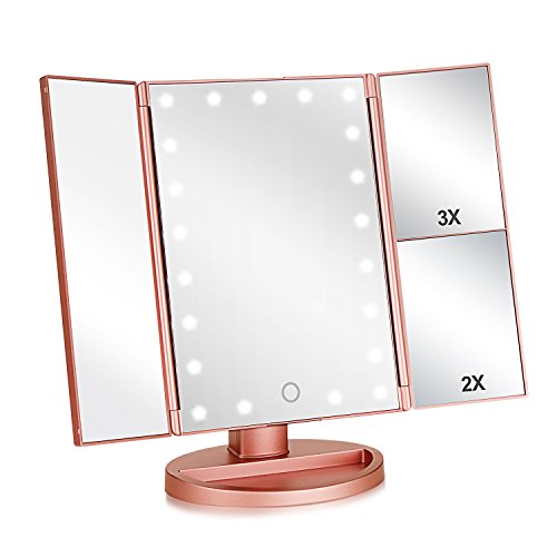 Product Cover Tri-fold Lighted Vanity Makeup Mirror with 3x/2x Magnification,21 Leds Light and Touch Screen,180 Degree Free Rotation Countertop Cosmetic Mirror,Travel Makeup Mirror (Rose Gold)