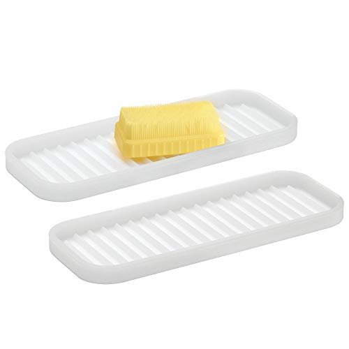 Product Cover mDesign Silicone Kitchen Sink Storage Organizer Holder Tray for Sponges, Soaps, Scrubbers - Ribbed Base, Quick Drying, Waterproof, Non-Slip Durable - 2 Pack - Clear