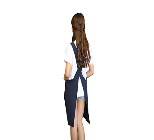 Product Cover Chef Apron with Front Pockets, Japanese Style Apron, Unisex Bib Kitchen Apron, Soft Cotton Linen Apron, Perfect for DIY Project, Crafting, Cooking, Baking, BBQ (Strap H Style-, Blue)