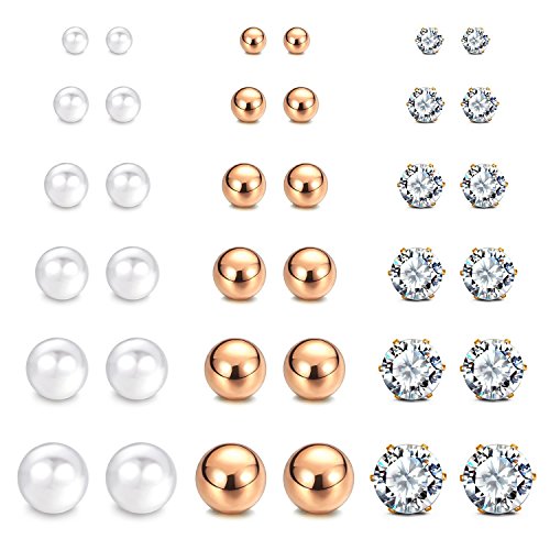Product Cover JewelrieShop Earrings Studs Set for Women Girl Stainless Steel CZ Ball Faux Pearl Hypoallergenic Silver Multiple Piercing Ear Stud Earing for Men (18 Pairs, Rose Gold Ball)