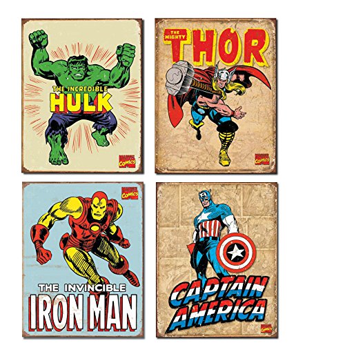 Product Cover Vintage Superhero Tin Sign Bundle - The Incredible Hulk, Thor, Iron Man and Captain America.