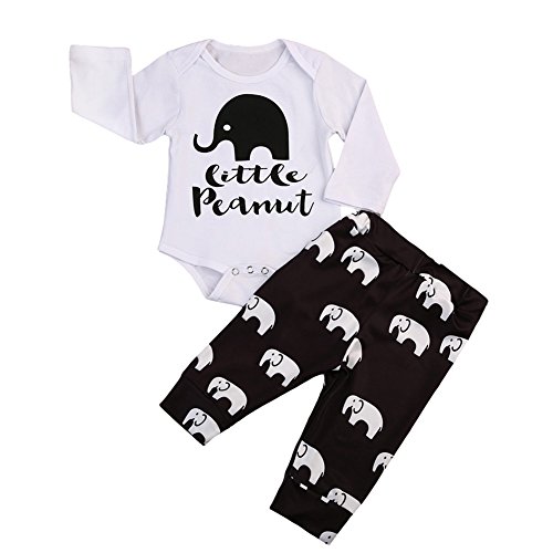 Product Cover Newborn Baby Boy Girl 2Pcs Set Outfit Long Sleeve Peanuts Romper Bodysuit and Elephant Long Pants (3-9 Months, White+Black)