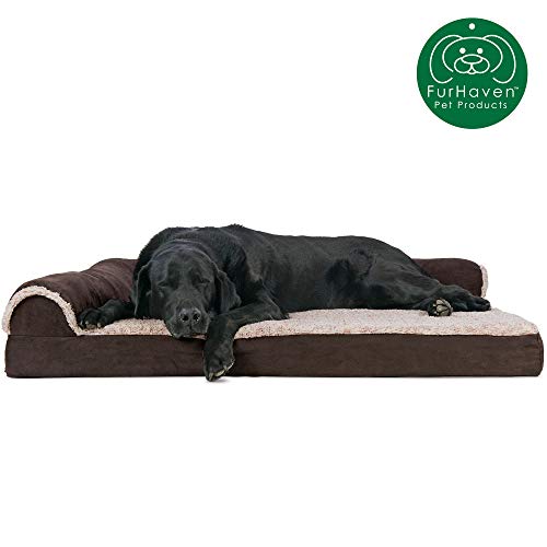 Product Cover Furhaven Pet Dog Bed | Deluxe Orthopedic Two-Tone Plush Faux Fur & Suede L Shaped Chaise Lounge Living Room Corner Couch Pet Bed w/ Removable Cover for Dogs & Cats, Espresso, Jumbo