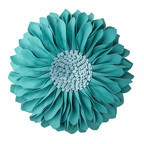Product Cover JWH Handmade 3D Flowers Accent Pillow Round Sunflower Cushion Decorative Pillowcase Pillow Insert Home Sofa Bed Living Room Decor Gift 12 Inch / 30 cm Cotton Canvas Wool Solid Suede Teal Blue