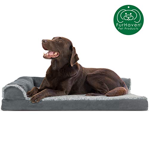 Product Cover Furhaven Pet Dog Bed | Deluxe Orthopedic Two-Tone Plush Faux Fur & Suede L Shaped Chaise Lounge Living Room Corner Couch Pet Bed w/ Removable Cover for Dogs & Cats, Stone Gray, Large