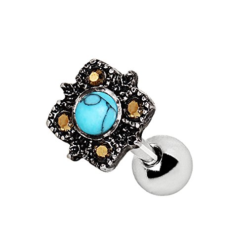Product Cover Pierced Owl Antique Square Filigree Turquoise Cartilage/Tragus Barbell in 316L Stainless Steel