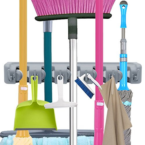 Product Cover Mop Broom Holder, Garden Tools Wall Mounted Commercial Organizer Saving Space Storage Rack for Kitchen Garden and Garage,Laundry Offices(5 Position with 6 Hooks)