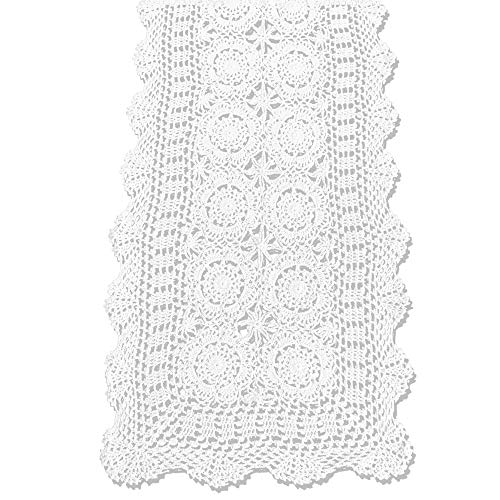 Product Cover KEPSWET Cotton Handmade Crochet Lace Table Runner White Rectangle Coffee Table Dresser Decor (14x54 inch)