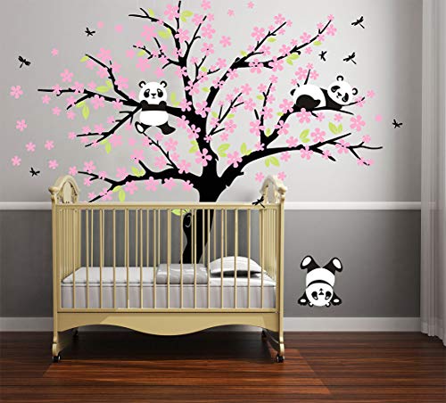 Product Cover LUCKKYY Three Playful Pandas Bear on Cherry Blossom Tree Wall Decal Tree Wall Sticker Nursery and Children's Room (Pink)