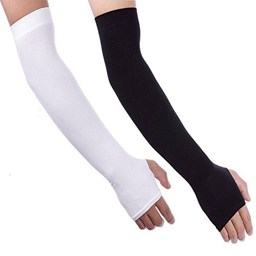Product Cover Arm Sleeves, BoChang 2 Pairs Sports Cooling Arm Sleeves Unisex Sun Block UV Protection Cooler Protective Hands Arm Cover Long Sleeve for Outdoor Activities Skin Protection (1 Pair Black, 1 pair White)