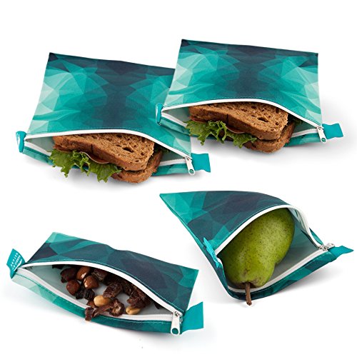 Product Cover Nordic By Nature 4 Pack - Reusable Sandwich Bags Dishwasher Safe BPA Free - Durable Washable Quick Dry Cloth Baggies -Reusable Snack Bags For Kids School Lunches - Easy Open Zipper - (Turquoise)