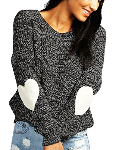 Product Cover shermie Pullover Sweaters for Women Cute Heart Pattern Patchwork Long Sleeve Round Neck Knits Sweaters Dark Grey Small