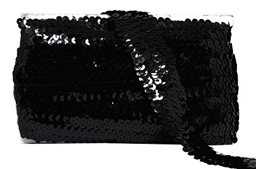 Product Cover Mandala Crafts Elastic Sequin, Flat Glitter Stretch Bling Paillette Fabric Ribbon, Metallic Appliqué Trim Lace for Dress Embellish, Headband (1.5 Inches, Black)