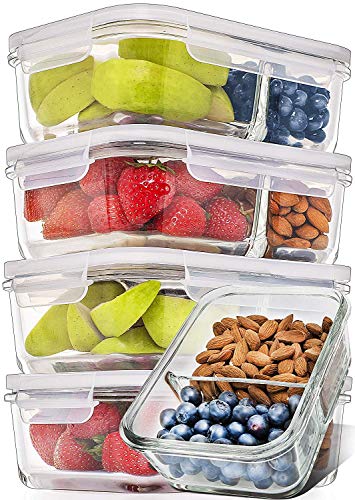 Product Cover Prep Naturals Glass Meal Prep Containers Glass 2 Compartment 5 Pack - Glass Food Storage Containers - Glass Storage Containers with Lids - Divided Glass Lunch Containers Glass Food Containers 29 Ounce