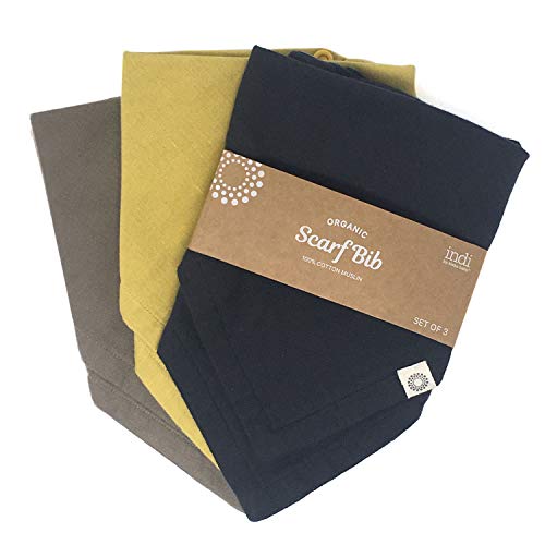 Product Cover Indi by Kishu Baby - Organic Baby Bandana Scarf Bibs with Snaps - 100% Organic Cotton Muslin - 3 Pack Solid Color Super Soft and Absorbent Drool Bibs - Multi-use (Charcoal Mustard Olive)