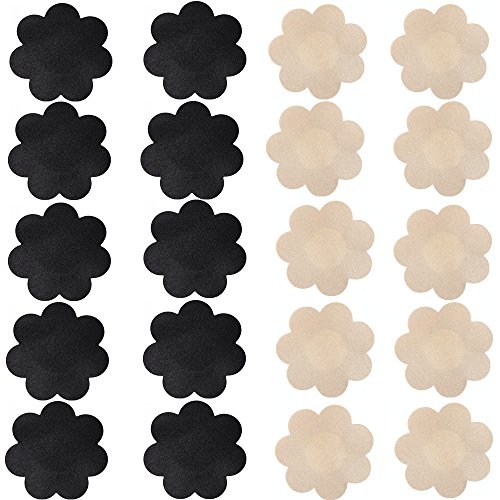 Product Cover Nippleless Cover, 20 Pairs Self-Adhesive Disposable Bra Gel Petals Pad Pasties (Beige 10 Pairs + Black 10 Pairs)