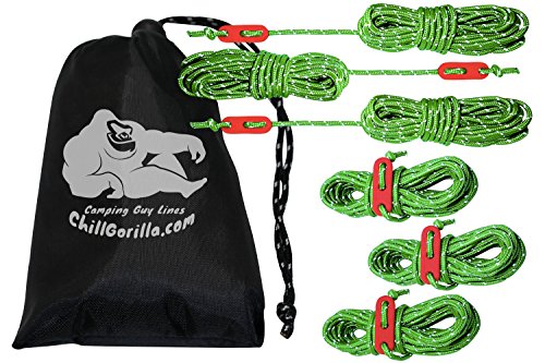 Product Cover Chill Gorilla 6 Pack 4mm Reflective Tent Guide Rope Guy Line Cord & Adjusters. Lightweight for Rain Tarps, Tents, Hiking, Backpacking. Essential Camping Survival Gear & Accessories. 78 feet. Green