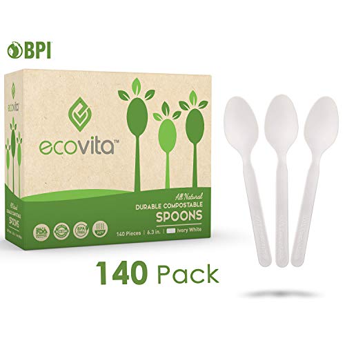 Product Cover 100% Compostable Spoons - 140 Large Disposable Utensils (6.5 in.) Eco Friendly Durable and Heat Resistant Alternative to Plastic Spoons with Convenient Tray by Ecovita