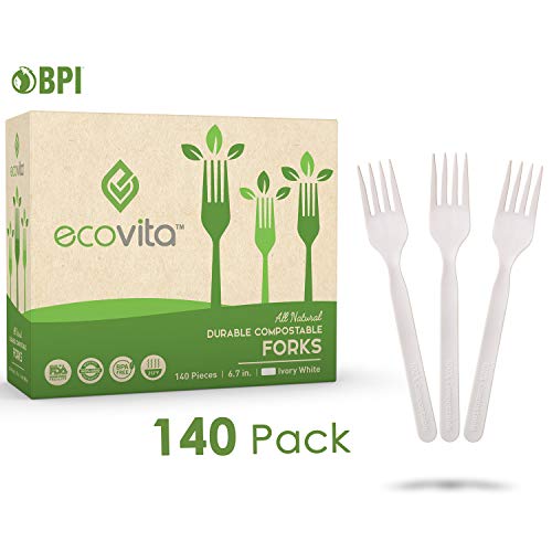 Product Cover 100% Compostable Forks - 140 Large Disposable Utensils (7 in.) Eco Friendly Durable and Heat Resistant Alternative to Plastic Forks with Convenient Tray by Ecovita