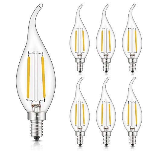 Product Cover CRLight 2W Dimmable 25W Equivalent LED Candelabra Bulb 2700K Warm White 250LM, E12 Chandelier Base LED Candle Bulbs, C35 Clear Glass Flame Shape Bent Tip, 360 Degrees Beam Angle, 6 Pack