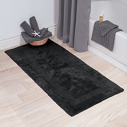 Product Cover Cotton Bath Mat - Plush 100 Percent Cotton Reversible, Soft, Absorbent, Machine Washable Long Bathroom Runner, 24x60 Inch Rug by Lavish Home (Black)
