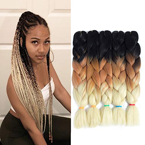 Product Cover 3 Tone Ombre Kanekalon Jumbo Braiding Hair 24 Inch 5Pcs/Lot Synthetic African Brown and Blonde Colorful Pre Stretched Braiding Hair for Twist Crochet Braids (Black-Brown-Beige)