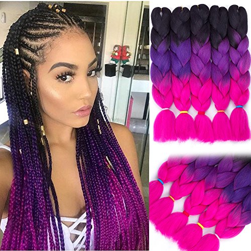 Product Cover 24 Inches Purple Ombre Braiding Hair Prestretched 5Pcs/Lot Kanekalon Jumbo Braids Hair Extensions for Twist Braiding Hair (3 Tone Black-Purple-Rose)