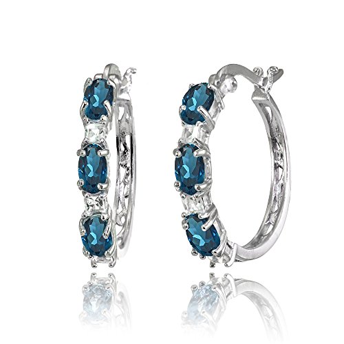 Product Cover Sterling Silver Oval Genuine, Created or Simulated Gemstone & Princess-cut White Topaz Filigree Hoop Earrings