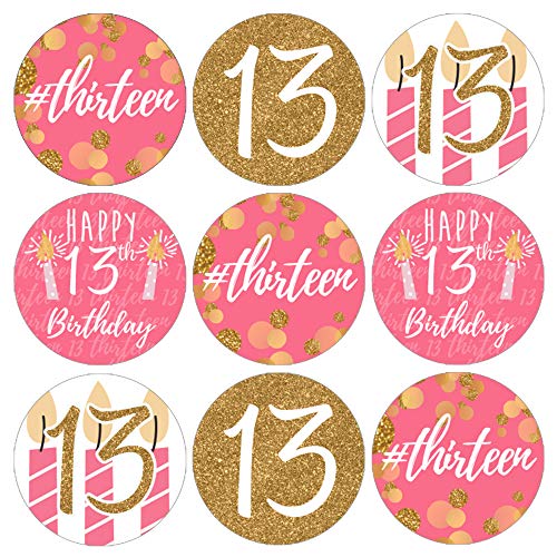 Product Cover Girls 13th Birthday Party Favor Stickers - Pink and Gold - 180 Labels
