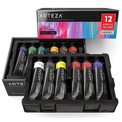 Product Cover ARTEZA Expert Acrylic Paint, Set of 12 Colors/Tubes, 75ml/2.53 oz with Storage Box, Heavy Body, Smooth & Thick, Rich Pigments, Non Fading, Non Toxic Paints