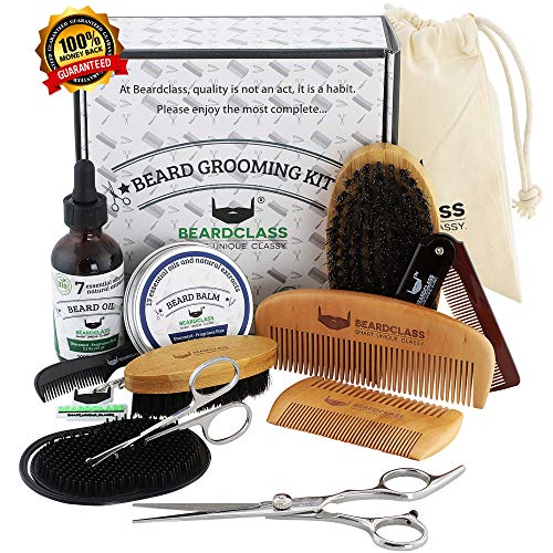 Product Cover BEARDCLASS Beard Grooming Kit Set for Men (12 in 1) - 100% Bamboo Boar Brush and Wooden Comb, Organic 2 Oz. Beard Mustache Oil and Balm Wax with Palm Diffuser, Scissors and Gift Box