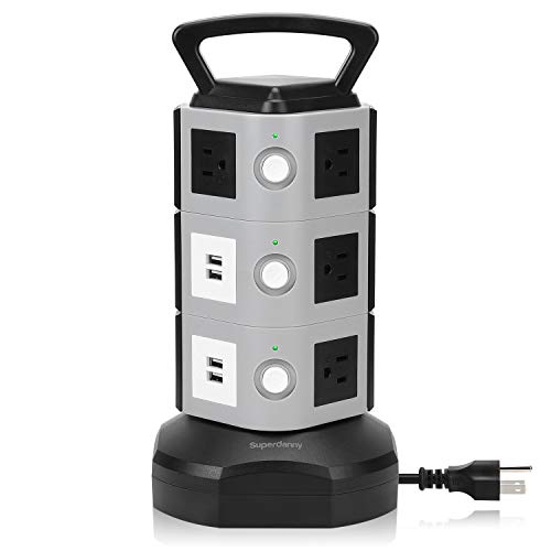 Product Cover Surge Protector Power Strip Tower - SUPERDANNY 3000W 13A with 4.2A 4 USB Slot 10 Outlets 16AWG 6.5ft Heavy Duty Cord Wire Extension Electric Charging Station Universal Socket for iPhone iPad PC Laptop