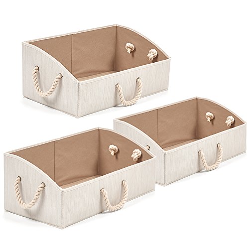 Product Cover Set of 3 Large Storage Bins EZOWare Foldable Fabric Trapezoid Organizer Boxes with Cotton Rope Handle, Collapsible Basket for Shelves, Closet, Baby Toys, Diaper (Beige)