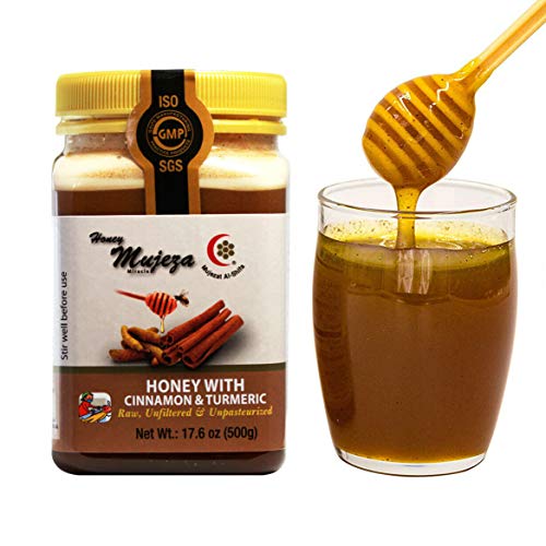 Product Cover Mujeza Raw Wildflower Honey with Ceylon Cinnamon & Turmeric, Pure Real Raw Unheated Unfiltered without Harmful Chemicals, Gluten Free, Non GMO (500g/17.6oz)