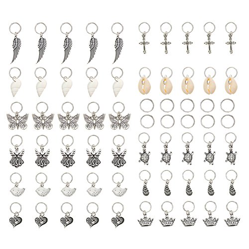 Product Cover KeyZone 65 Pieces Hair Charms Hair Braid Rings Silver Butterfly Birds Leaves Shell Pendant Charms Rings Set Hair Clip Headband Accessories