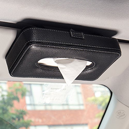 Product Cover Mr.Ho Luxury Black Leather Car Visor Tissue Holder Mount, Hanging Tissue Holder Case for Car Seat Back, Multi-use Paper Towel Cover Case With One Tissue Refill for Car & Truck Decoration