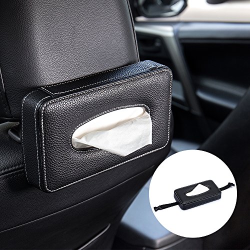 Product Cover Mr.Ho Luxury Black Leather Car Back Seat Headrest Hanging Tissue Holder Case Mount, Multi-use Car Tissue Paper Holder with One Tissue Refill for Car & Truck Decoration