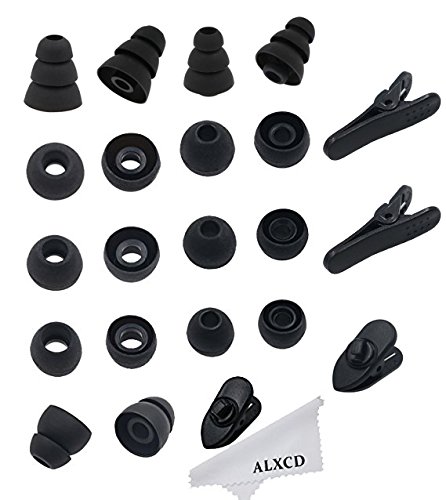 Product Cover ALXCD Replacement Ear Tips & Clips for In-Ear Earphone, S/M/L Sizes & Double/Triple Flange 9 Pairs Silicone Replacement Earbud Tips Eartips Adapter & 4 Pcs Long/Short Earphone Wire Clip (Black 18+4)