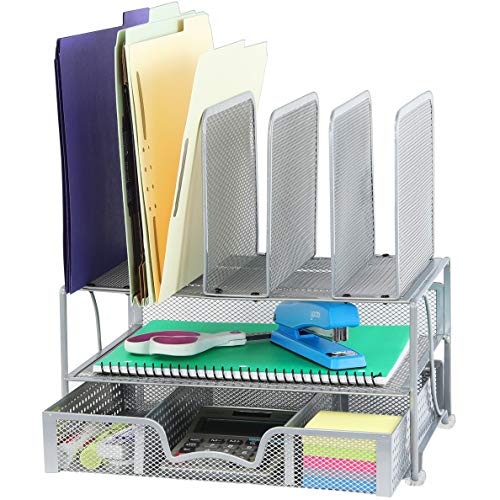 Product Cover SimpleHouseware Mesh Desk Organizer with Sliding Drawer, Double Tray and 5 Upright Sections, Silver