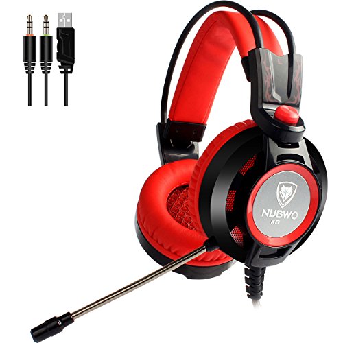 Product Cover NUBWO Gaming Headset with Microphone for PC Games Over Ear Computer Headphones USB Red 3.5mm Skin-Friendly Earpads Gamer Headset with Led Light & in-line Volume Control (Red)