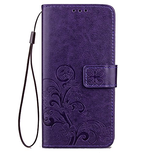 Product Cover LG X Power 2 Case, LG Fiesta LTE Case, LG X Charge Case, Lwaisy Floral Clover Embossed PU Leather Wallet Flip Protective Case Cover with Card Slots and Stand for LG X Power 2 (2017) - Purple