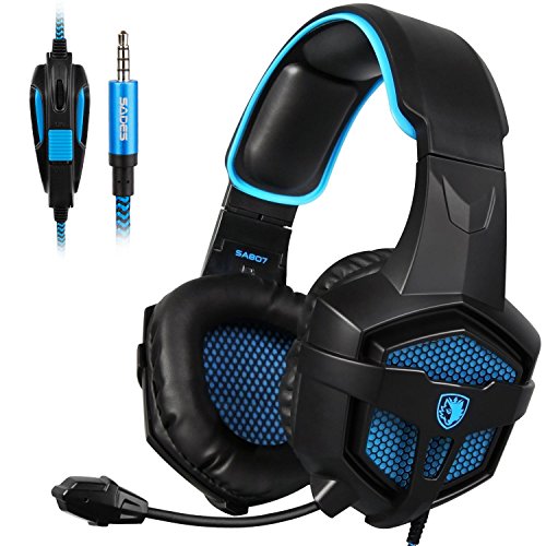Product Cover SADES New SA807S Over-Ear Stereo Gaming Headset Headband Headphones with Microphone/Control-Remote/Noise-Reduction for PC Computers/Mac/Laptop/PS4/New Xbox One/Cellphons/Tablets (Black Blue)