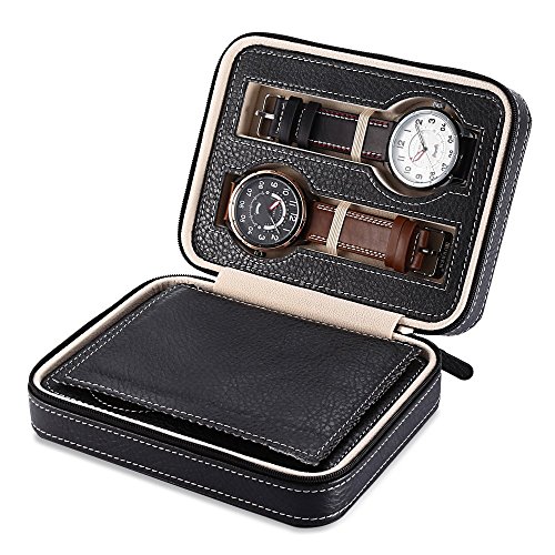 Product Cover EleLight Watch Travel Case Portable Leather Zippered Watch Storage Box Display Organizer Case, Best Gift for Men, Women (4 Slot, Black)