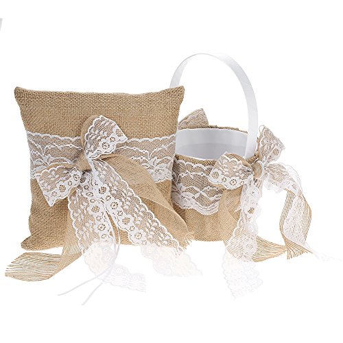 Product Cover Decdeal Bowknot Ring Bearer Pillow and Rustic Wedding Flower Girl Basket Set 7 x 7 inches