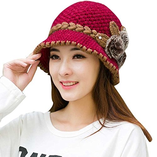 Product Cover Voberry Fashion Womens Flower Knit Crochet Beanie Hat Winter Warm Cap Beret (Hot Pink)