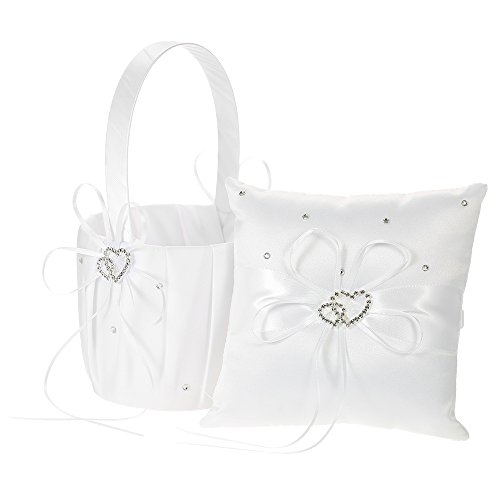 Product Cover Decdeal Double Heart Satin Ring Bearer Pillow and Wedding Flower Girl Basket Set 6 x 6 inches