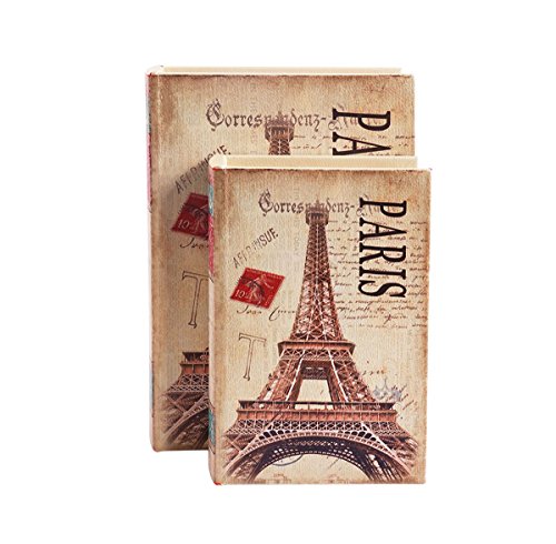 Product Cover WaaHome Decorative Book Boxes Antique Eiffel Tower Design Faux Wood Leather Book Box For Gifts Home Decor, Set of 2